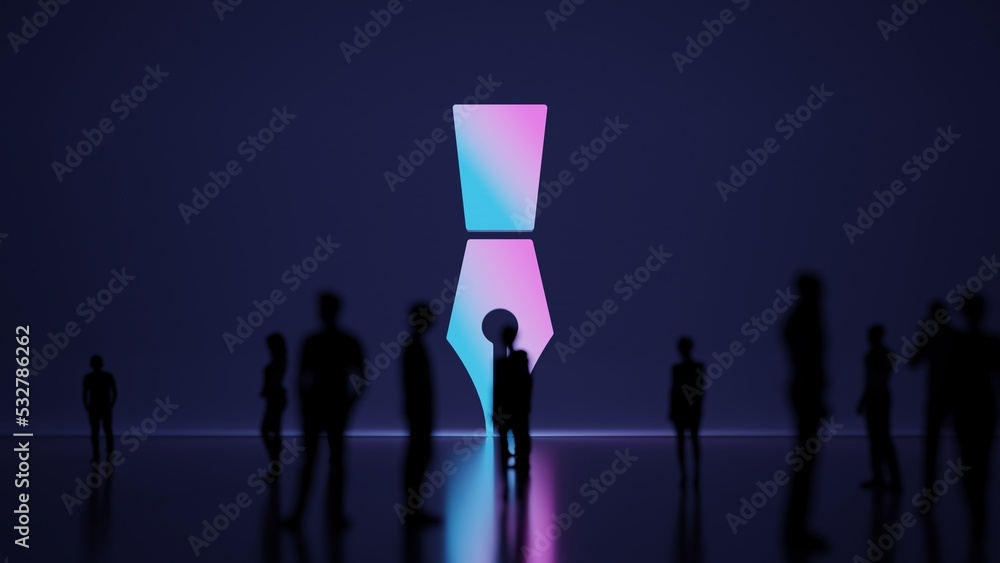 Poster 3d rendering people in front of symbol of calligraphy pen tip on background