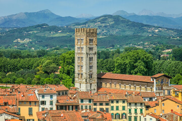 Above medieval old town of Lucca, Tuscany, Italy