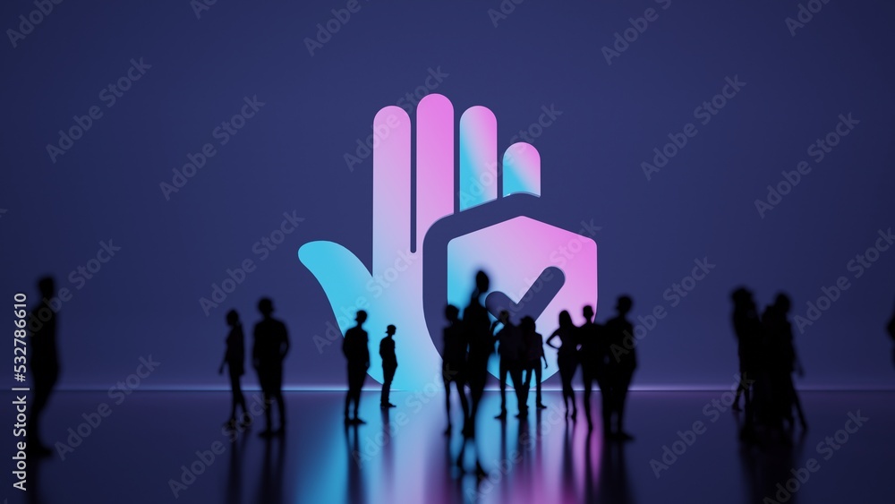 Poster 3d rendering people in front of symbol of clean hand on background
