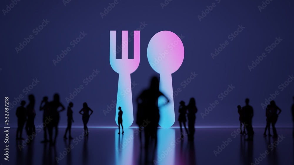 Poster 3d rendering people in front of symbol of cutlery on background