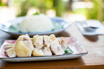 Steamed rice topped with chicken delicious Thai food