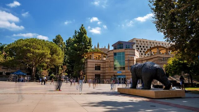UCLA Bruin Bear on the University of California, Los Angeles, campus. Timelapse view of the life in university.