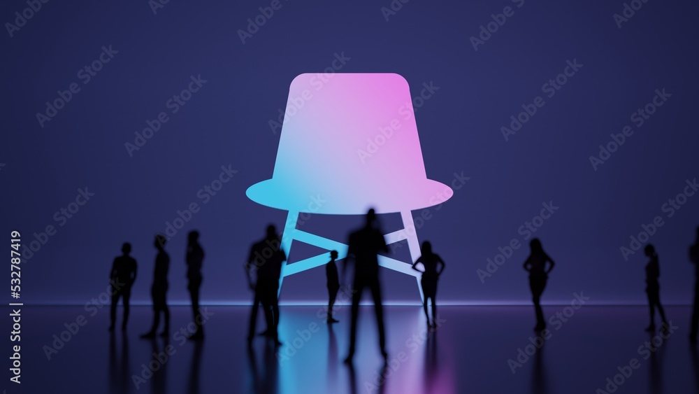 Poster 3d rendering people in front of symbol of design chair on background