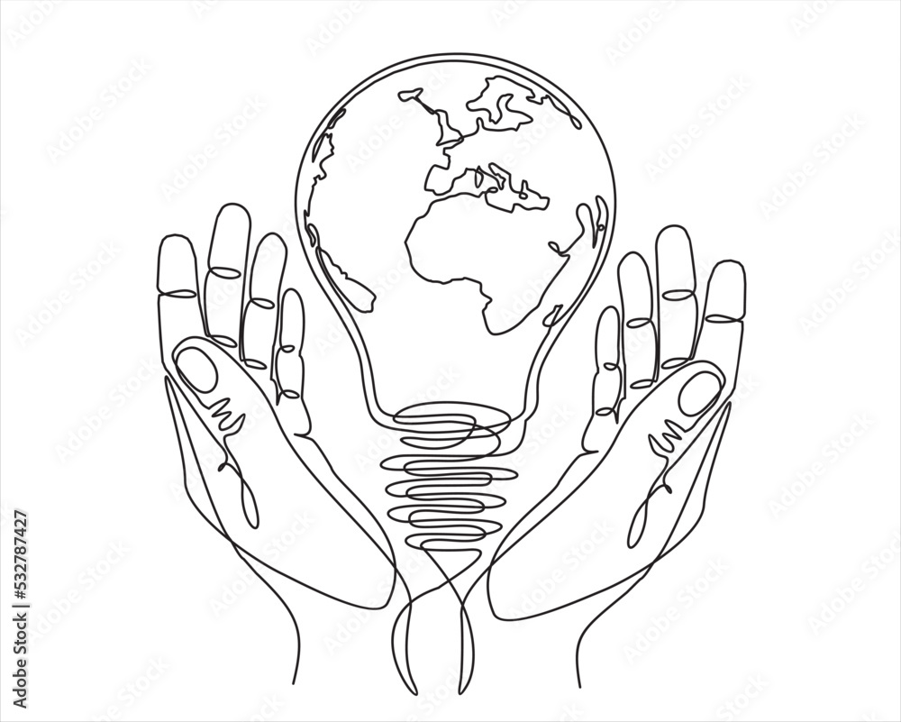 Poster earth globe inside lightbulb in one continuous line drawing. vector concept of eco innovation, idea 