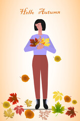 Young cute girl with autumn leaves in her hands. Hello autumn vector illustration.