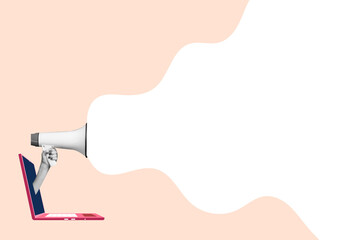 Human hands holding megaphone out of laptop screen. Pop art design. Concept of information, creativity, social issues, rumors. Copy space for ad.