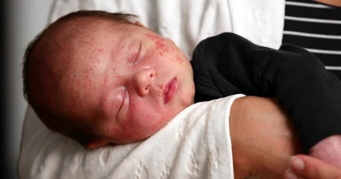 Closeup of baby face skin with pimples and acne from dermatitis.