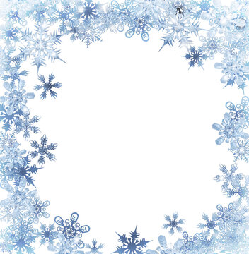 Merry Christmas snowflakes blue snow and ice crystals abstract background 