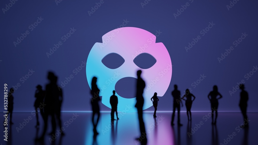 Poster 3d rendering people in front of symbol of face mask on background