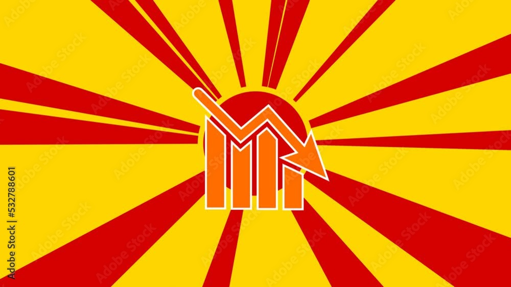Poster chart down symbol on the background of animation from moving rays of the sun. large orange symbol in