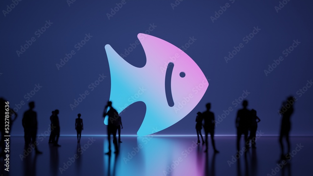 Poster 3d rendering people in front of symbol of fish on background