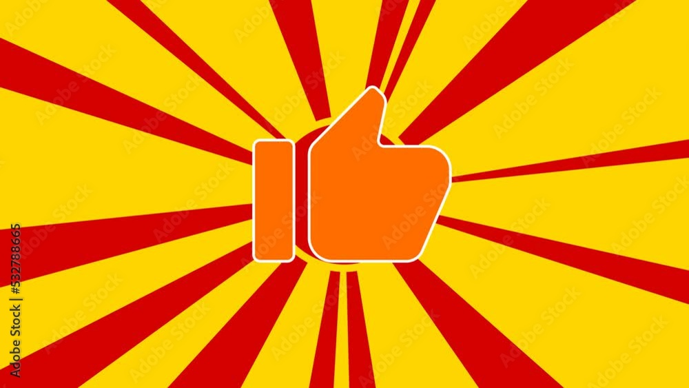 Poster thumb up symbol on the background of animation from moving rays of the sun. large orange symbol incr
