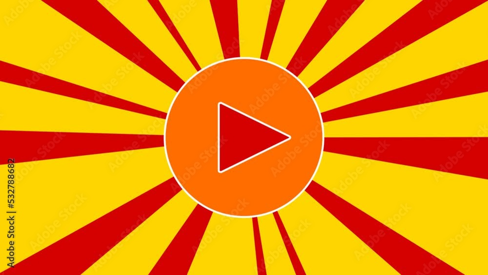 Poster play symbol on the background of animation from moving rays of the sun. large orange symbol increase