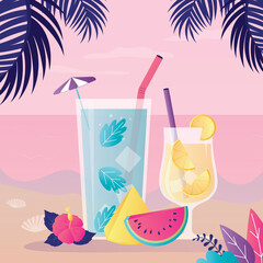 Glasses full of refreshing drinks with pieces of fruit and ice. Cooling tropical cocktails for summer holidays