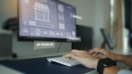 Young woman shopping online by looking through a 3D hologram screen,