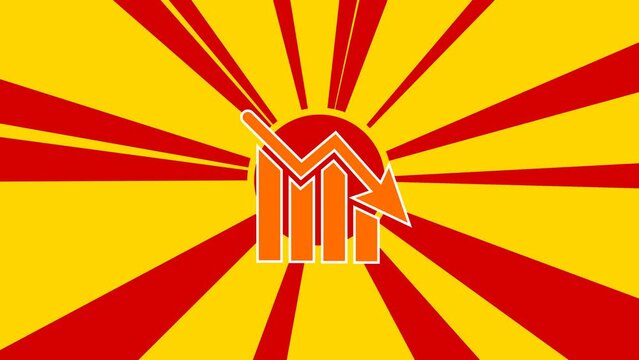 Chart down symbol on the background of animation from moving rays of the sun. Large orange symbol increases slightly. Seamless looped 4k animation on yellow background
