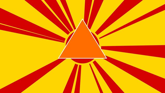 Triangle symbol on the background of animation from moving rays of the sun. Large orange symbol increases slightly. Seamless looped 4k animation on yellow background