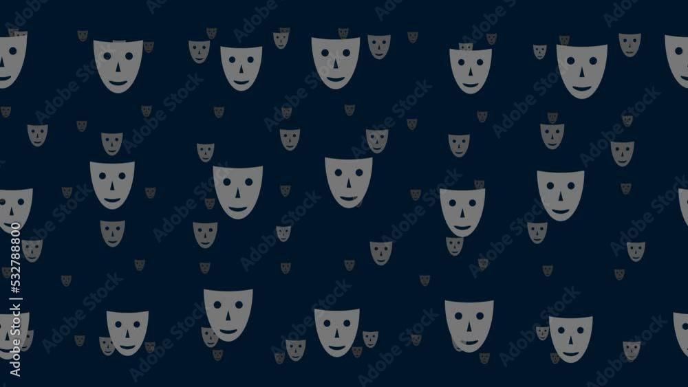 Poster theatrical masks float horizontally from left to right. parallax fly effect. floating symbols are lo