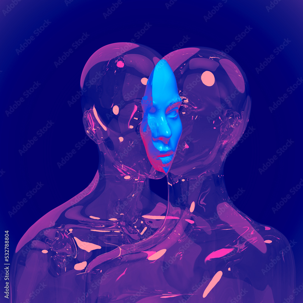 Aufkleber abstract illustration from 3d rendering of 2 transparent glass figures intersecting each other faces