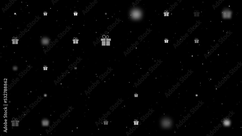Poster template animation of evenly spaced gift symbols of different sizes and opacity. animation of transp