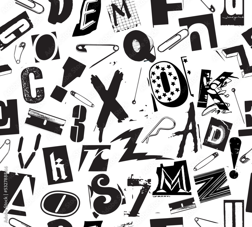 Aufkleber punk seamless vector pattern alphabet typography composition with pins and clips in the style of gru