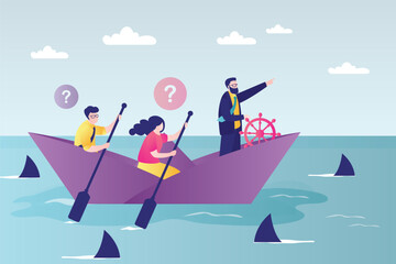 Group of entrepreneurs sail on paper ship among sharks. Fearless leader leads business team to goal