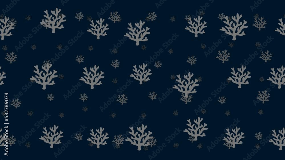 Poster Coral symbols float horizontally from left to right. Parallax fly effect. Floating symbols are located randomly. Seamless looped 4k animation on dark blue background