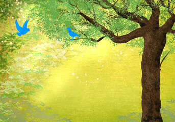 明るく幻想的な森で出会う二羽の青い鳥背景イラスト