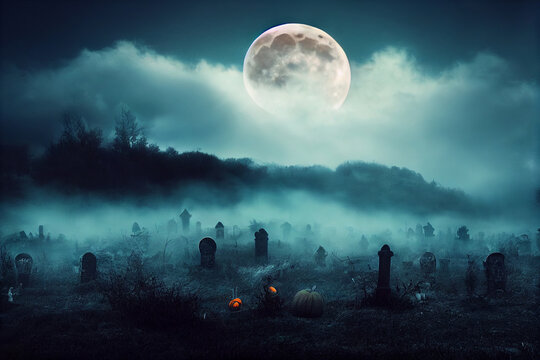 Spooky graveyard in mist at Halloween. 
