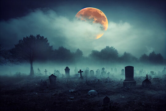Spooky graveyard at Halloween. 