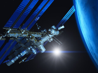 Illustration 3d de la station spatiale internationale en orbite autour de la terre . © Dayan