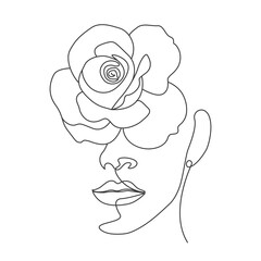 Female head with flowers linear drawing