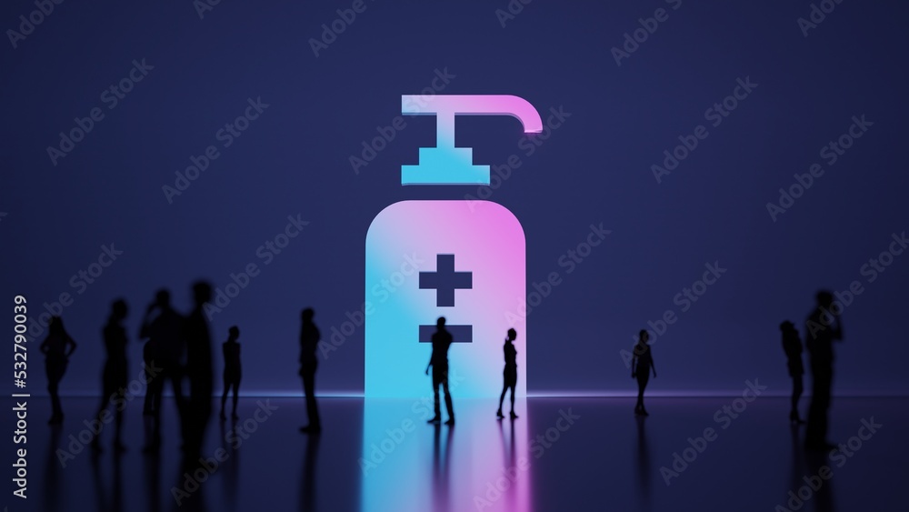 Poster 3d rendering people in front of symbol of hand sanitizer on background
