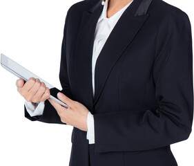 Closeup beautiful young asian business woman holding tablet computer isolated png transparent file, business concept.