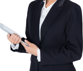 Closeup beautiful young asian business woman holding tablet computer isolated png transparent file, business concept.