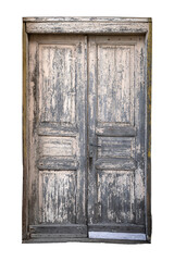 vintage door with frame and weathered wood texture isolated on white