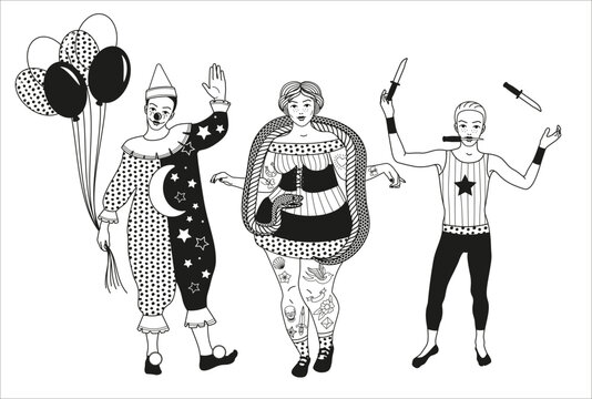 Circus. Vintage Icons Collection. The Clown, The Snake Lady,The Knife Thrower. Vector Illustration.