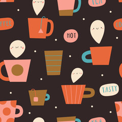Cute seamless pattern with different coffee and tea cups. Hot beverage vector texture. Hand drawn smiley drinks background - 532791218
