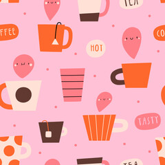 Cute seamless pattern with different coffee and tea cups. Hot beverage vector texture. Hand drawn smiley drinks background