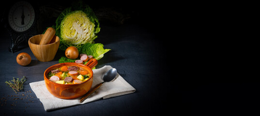 Delicious savoy cabbage stew in a rustic bowl