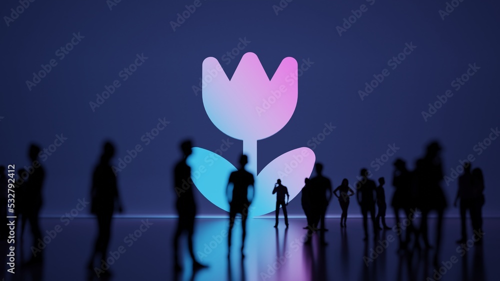 Poster 3d rendering people in front of symbol of makro or tulip on background