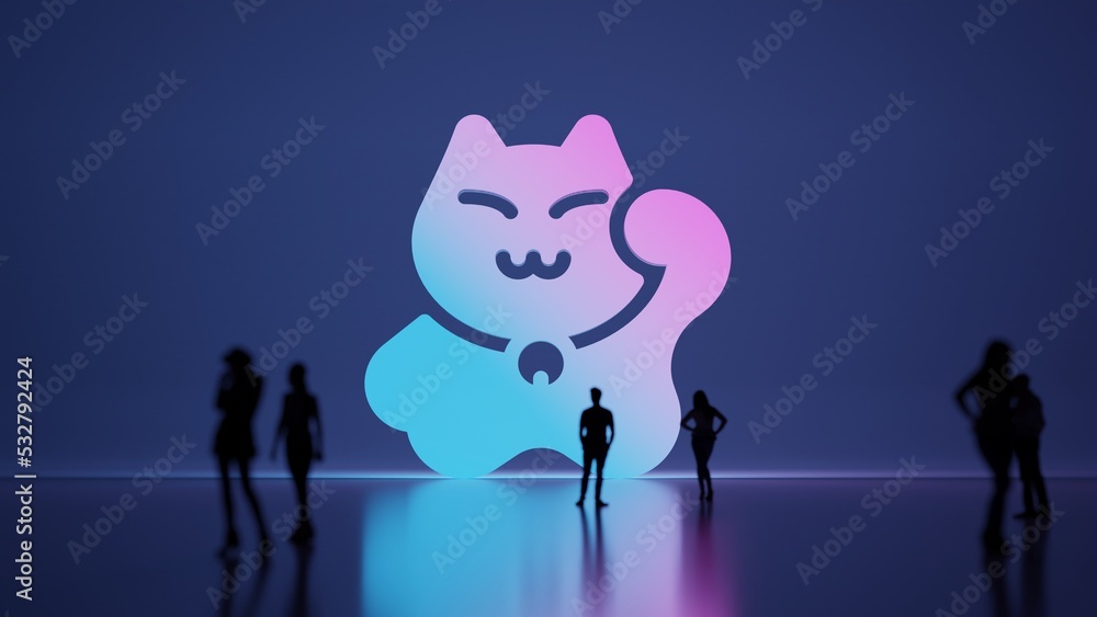 Poster 3d rendering people in front of symbol of maneki neko on background