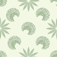 Abstract sea urchin shell and starfish seamless vector pattern. Simple light green background with spiny marine vertebrate animal. Ocean creatures backdrop. Repeat for sea food, sushi, eating