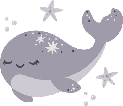 Vector children's illustration. Cute whale floating in the sea, starfish, bubbles Print. Vector illustration