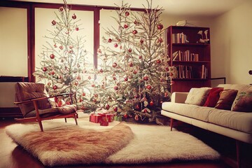 modern living room at christmas with tree