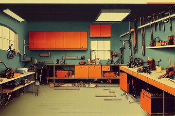 interior of a garage workshop illustration - obrazy, fototapety, plakaty