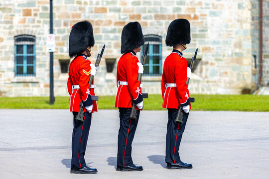 Quebec, Canada - 03-09-2022: English royal ceremonial soldiers marching in red uniform