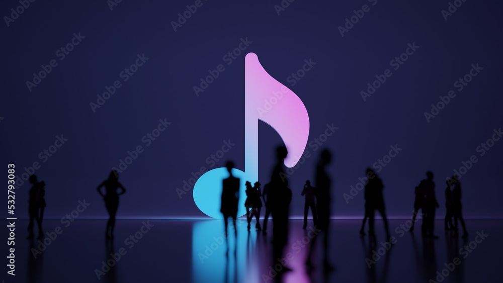 Poster 3d rendering people in front of symbol of musical note on background