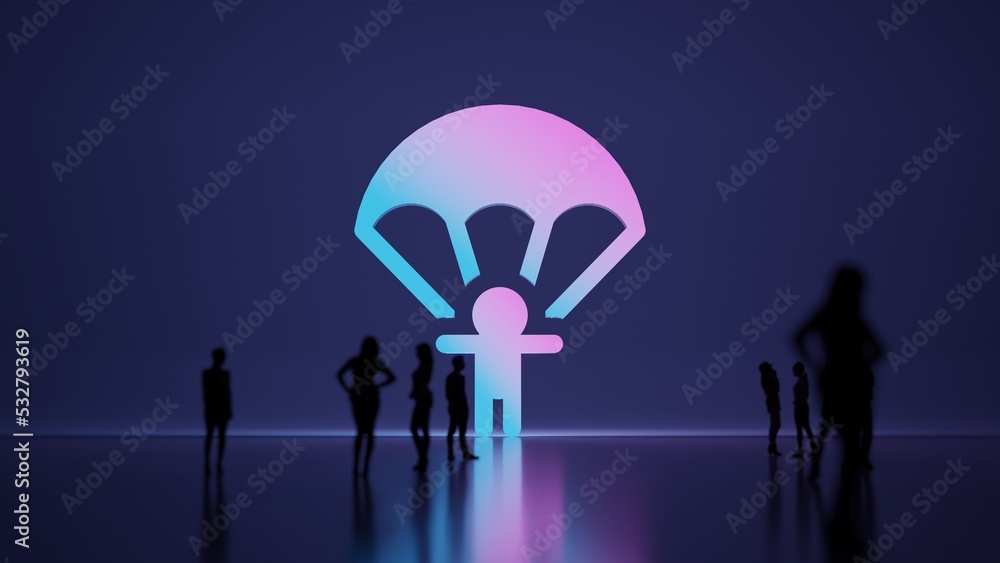 Poster 3d rendering people in front of symbol of parachute on background