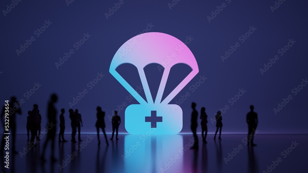 Poster 3d rendering people in front of symbol of parachute help on background